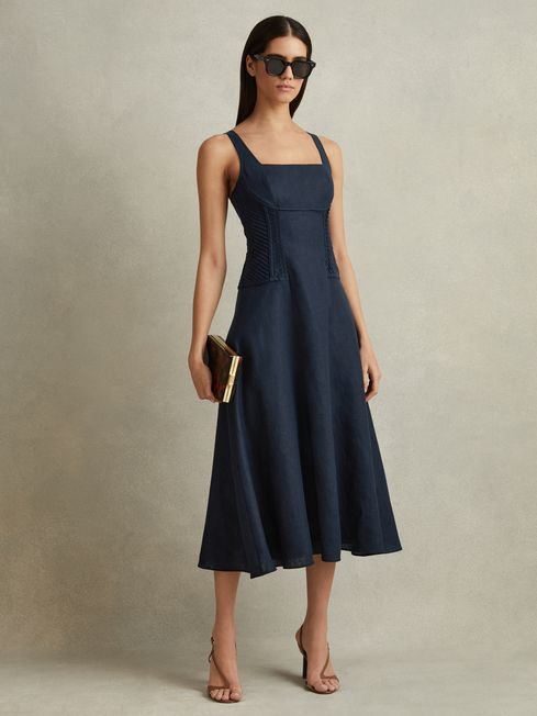 Reiss Etta Linen Corset Midi Dress