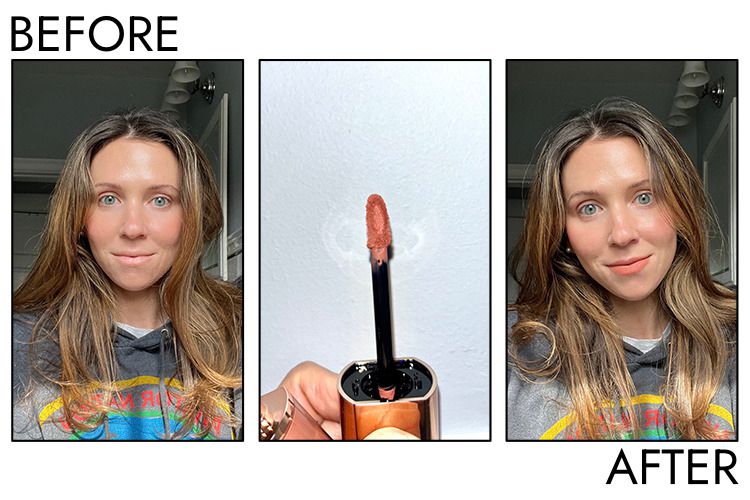 A person's lips before and after applying Anastasia Beverly Hills Lip Velvet Liquid Lipstick