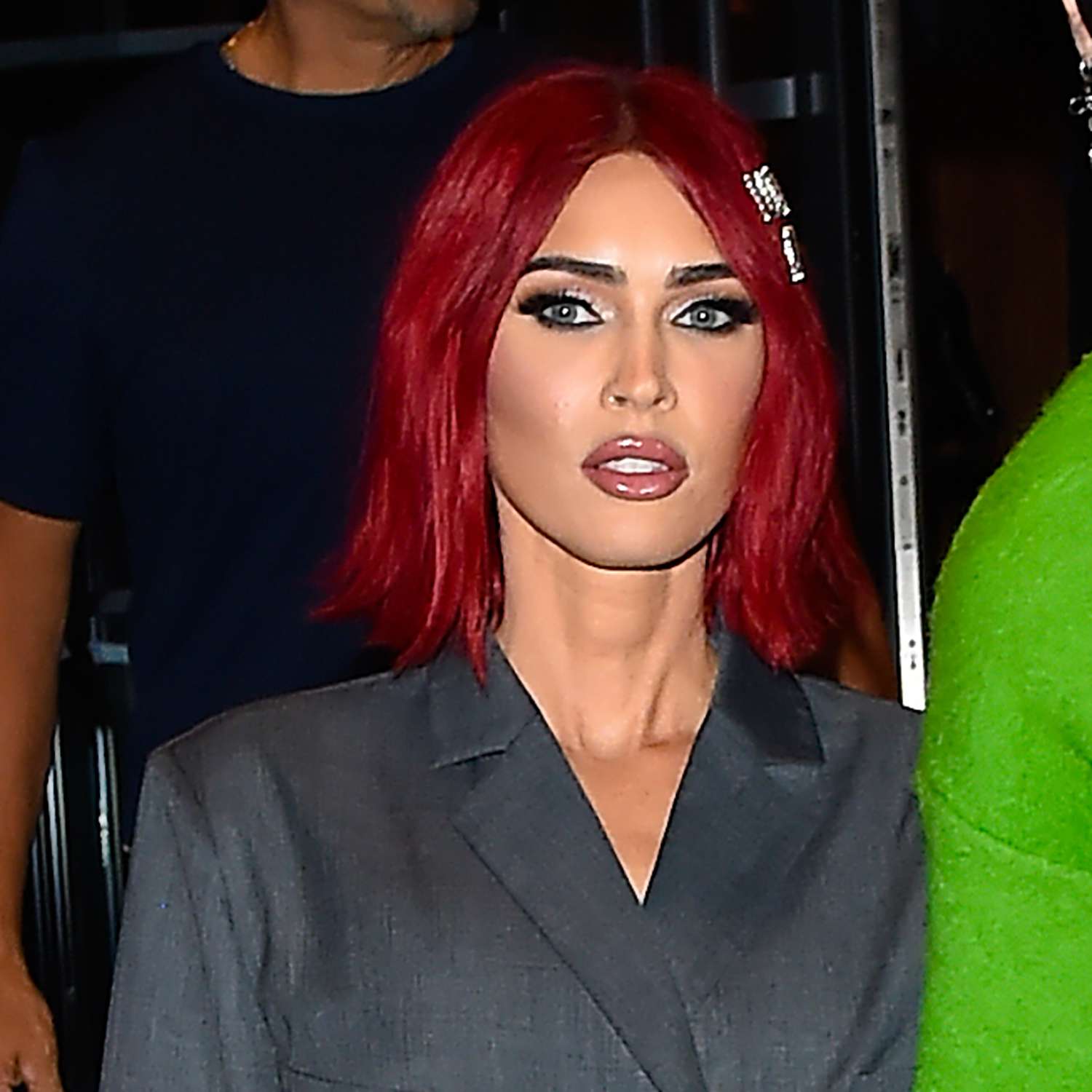 Close up of Megan Fox with a red velvet bob