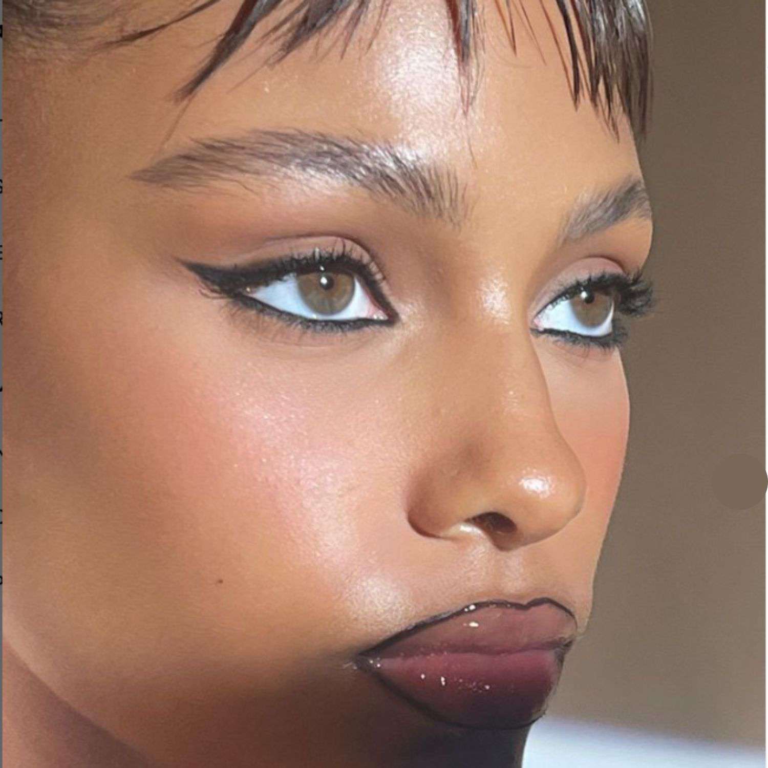 Black smudged cat-eye with glossy lips lined in black.