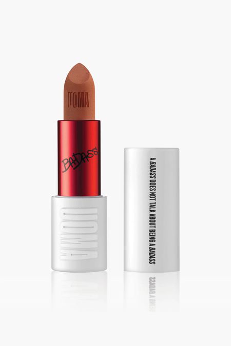 a nude lipstick in a red and white container