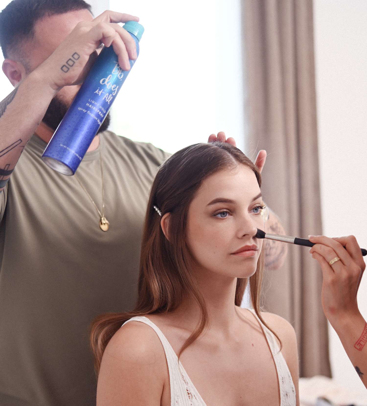 barbara palvin sprouse wearing her hair pulled back with a barette on either side of her head for her wedding day