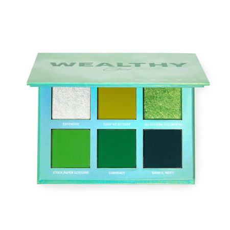 a 6 pan eyeshadow palette with multiple green eyeshadow shades