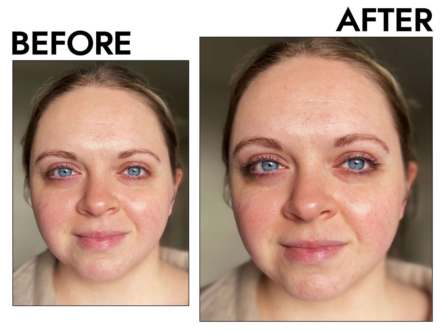 Before and after photos of a woman who tested NYX Professional Makeup Worth the Hype Volumizing Waterproof Mascara