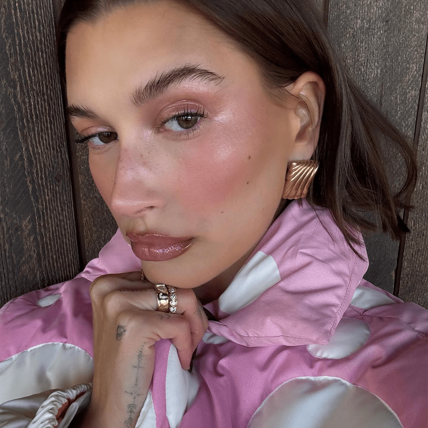 Hailey Bieber wearing pink frosty makeup