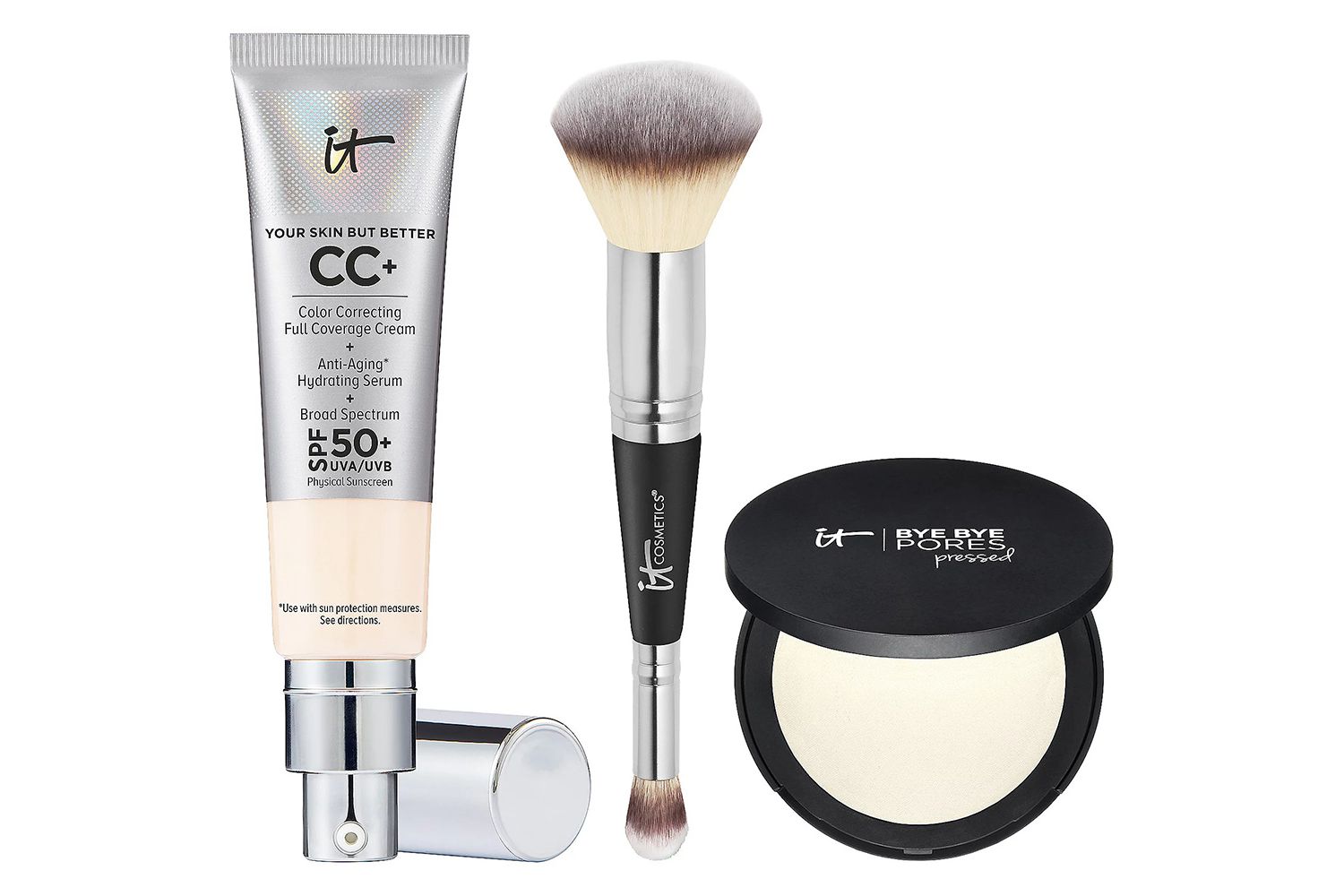 QVC IT Cosmetics CC+ Cream SPF50 Foundation with Bye Bye Pores Pressed & Brush