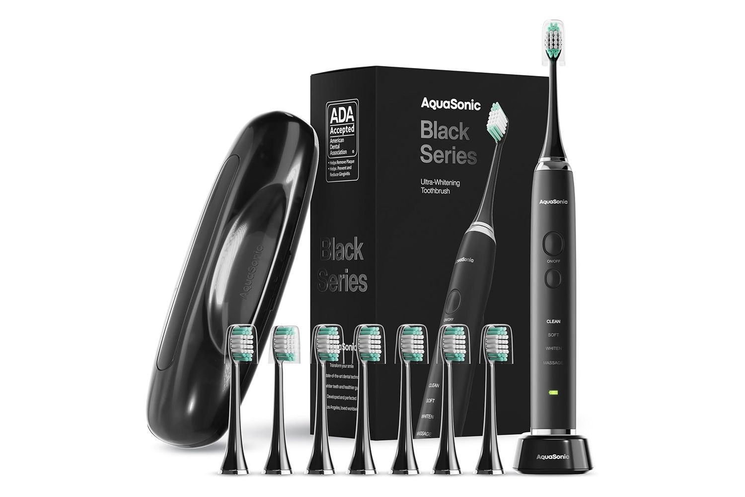 Amazon Aquasonic Black Series Ultra Whitening Toothbrush â ADA Accepted Power Toothbrush - 8 Brush Heads & Travel Case â 40,000 VPM Electric Motor & Wireless Charging - 4 Modes w Smart Timer