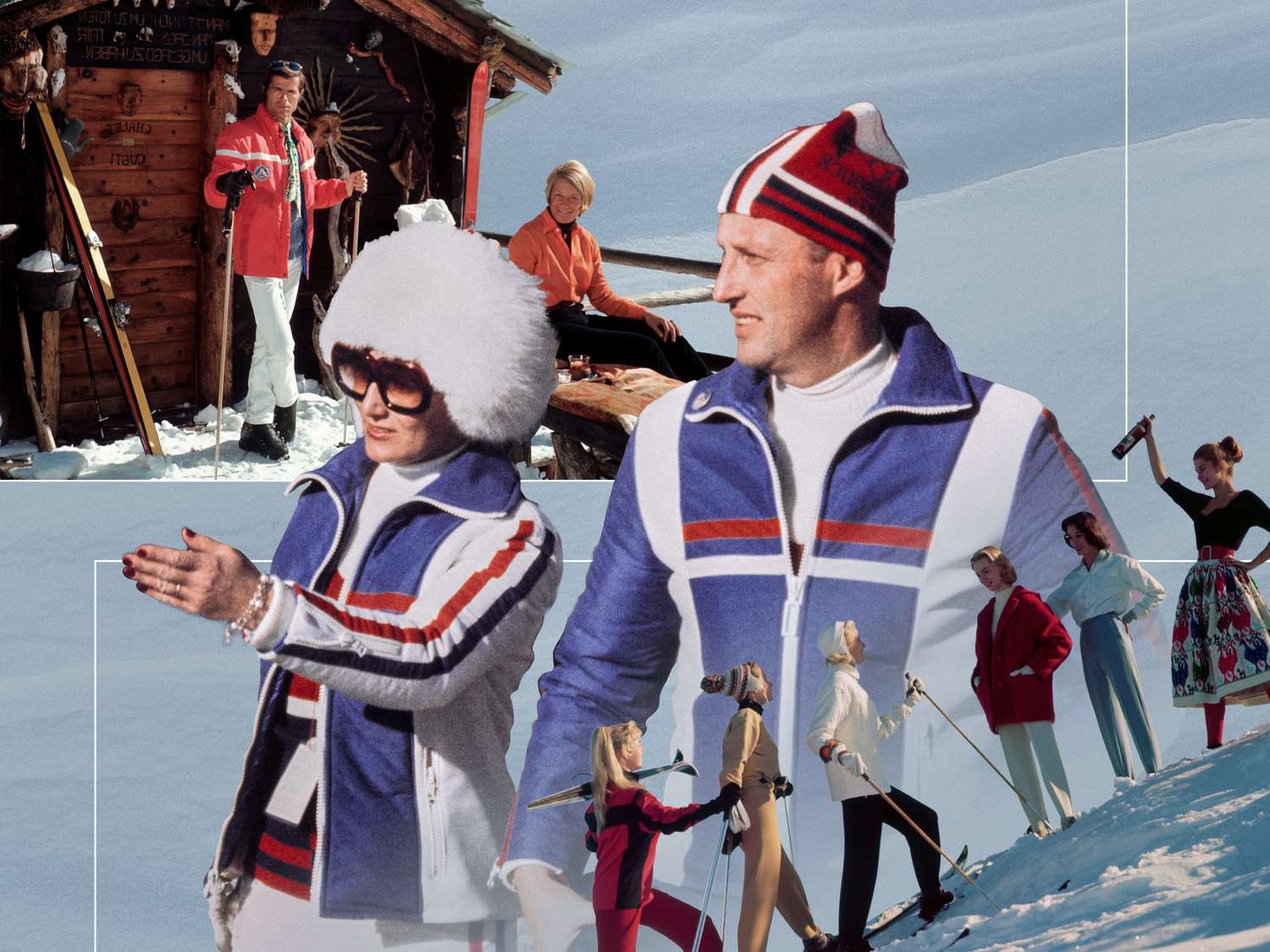 collage of people apres-skiing in the '60s and '70s