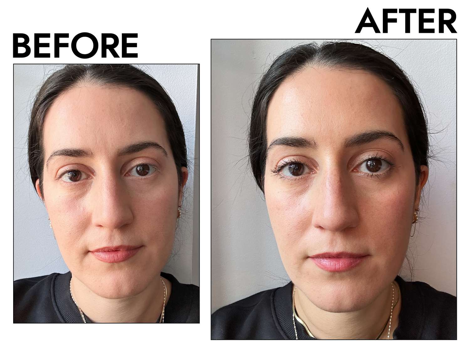 Before and after photos of a woman who tested Revlon So Fierce! Big Bad Lash Waterproof Mascara