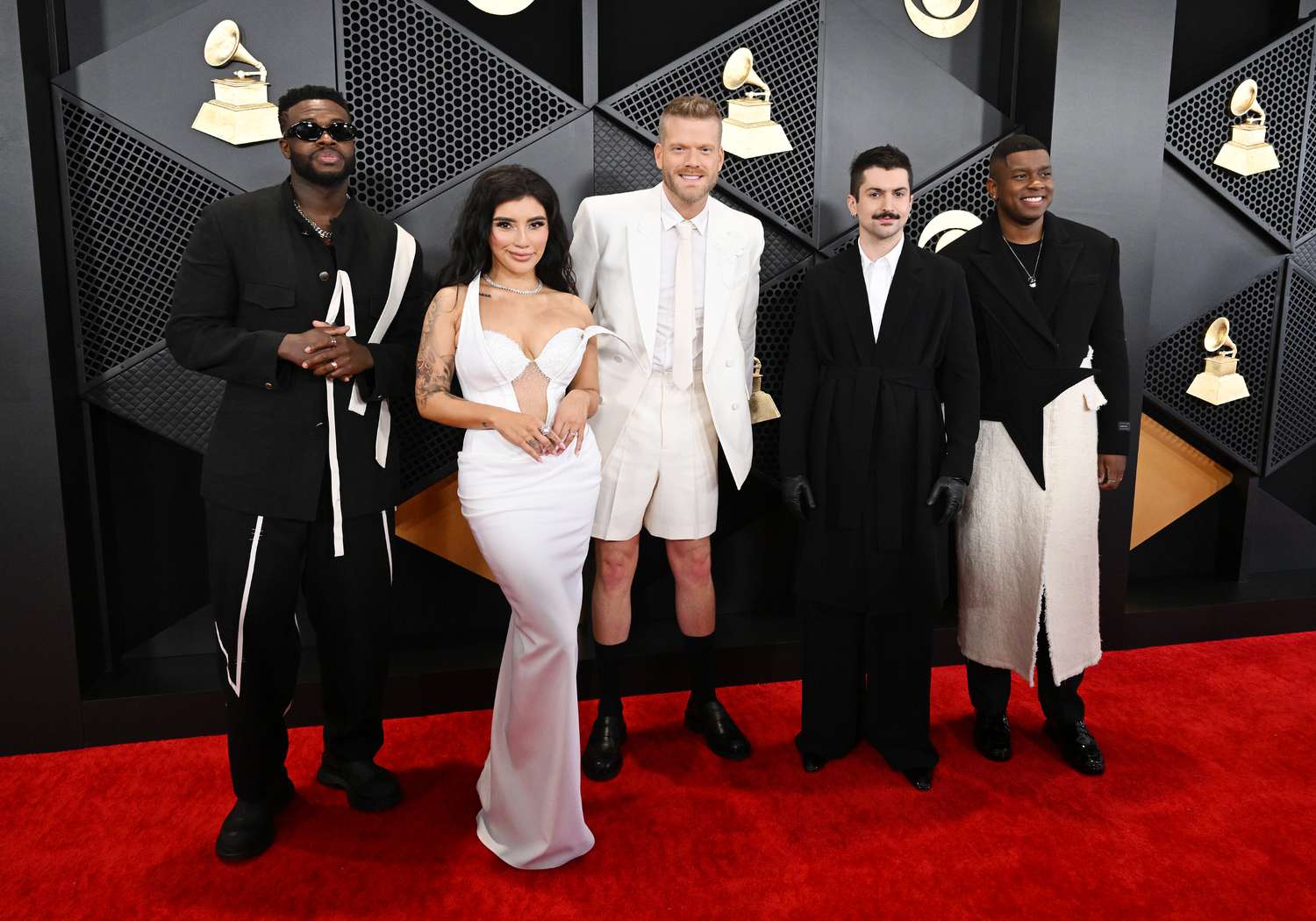 Pentatonix at the Grammy Award show red carpet in all neutral colors