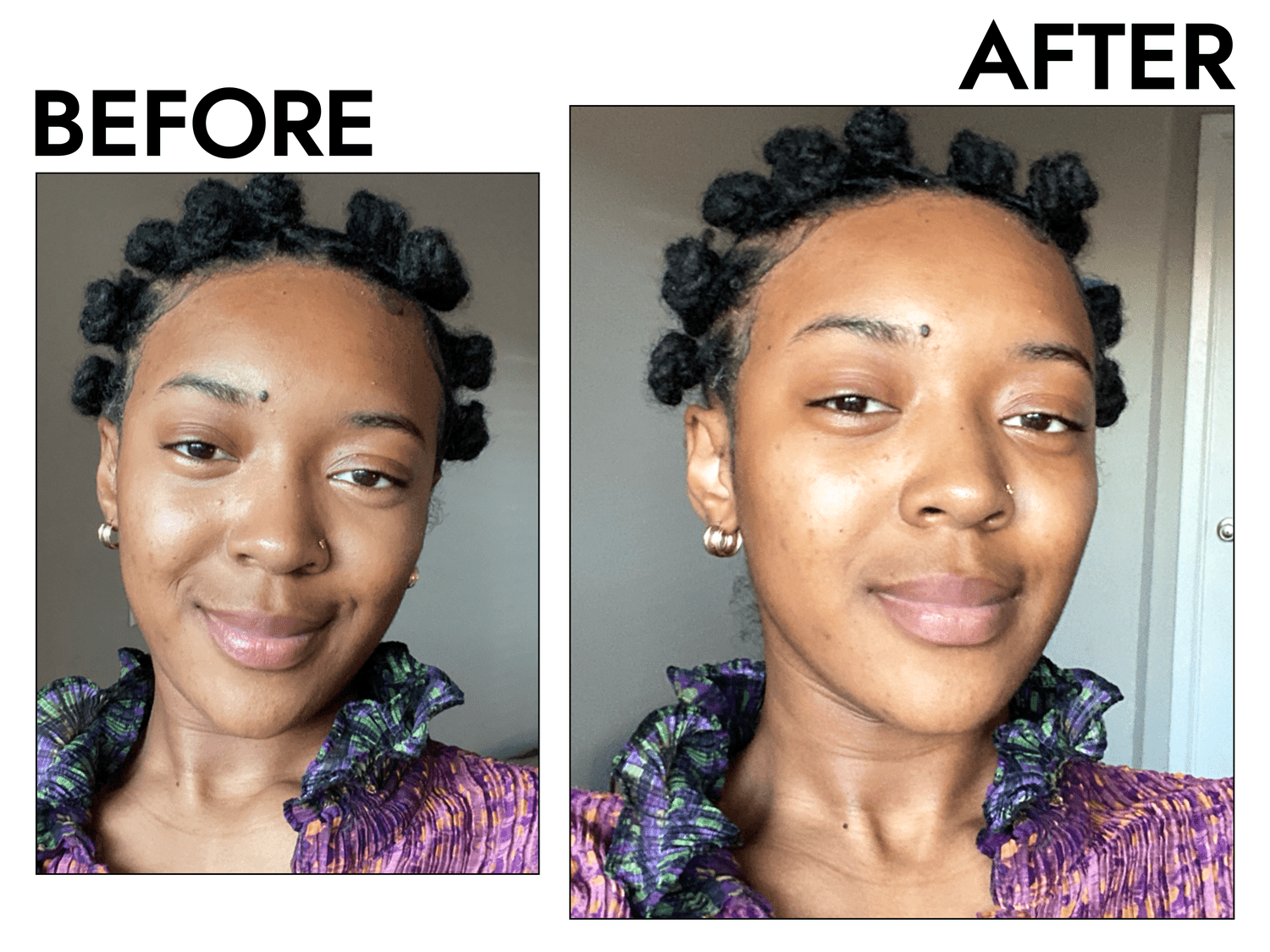 Byrdie writer Janiah McKelton before and after applying the Rare Beauty Positive Light Under Eye Brightener