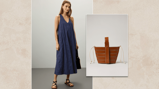 Vacation Outfit From Rent the Runway - Thakoon Navy Midi Dress with Staud Brown Leather Bag