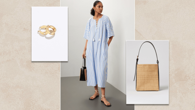 Rent the Runway Vacation Outfit - Vanessa Bruno Striped Dress, APC Beige Woven Bag, Luv Aj Gold Hoop Earrings.