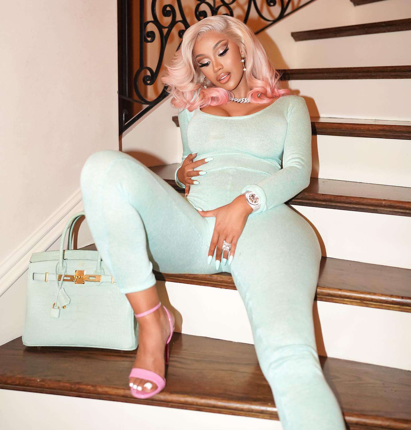 Cardi B with pastel pink hair