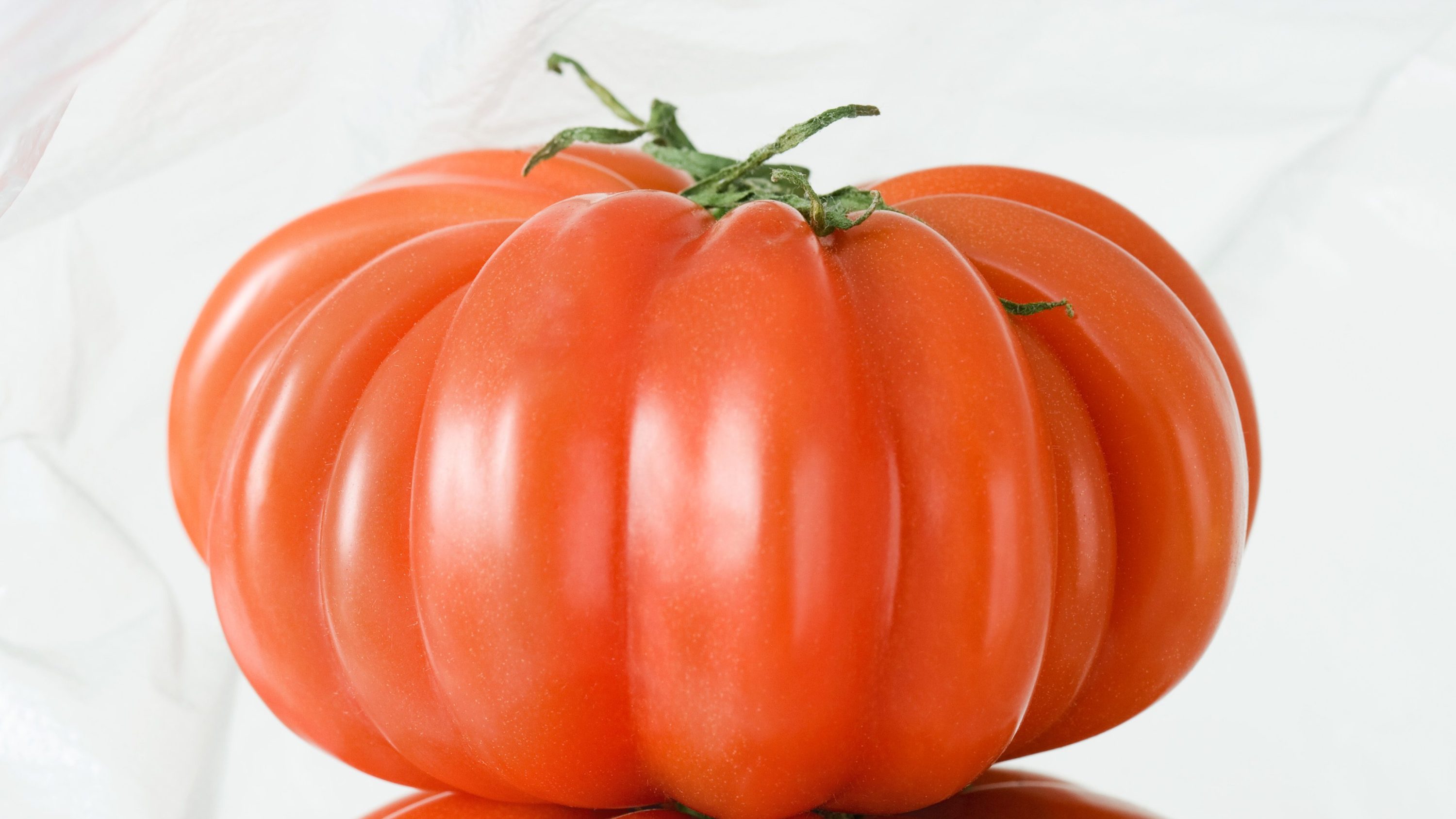 Red heirloom tomato in a plastic bag.