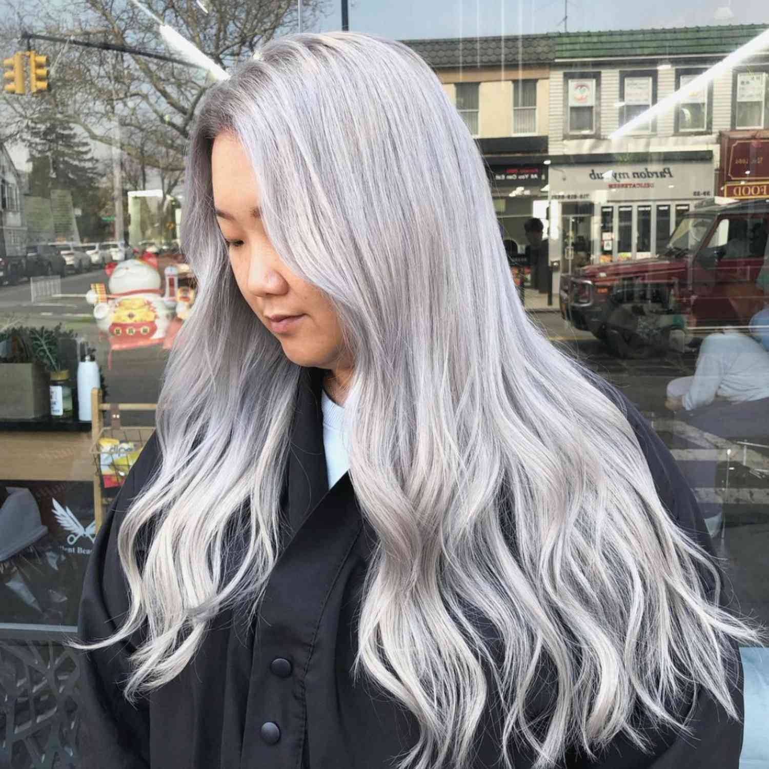 Icy gray long hair.