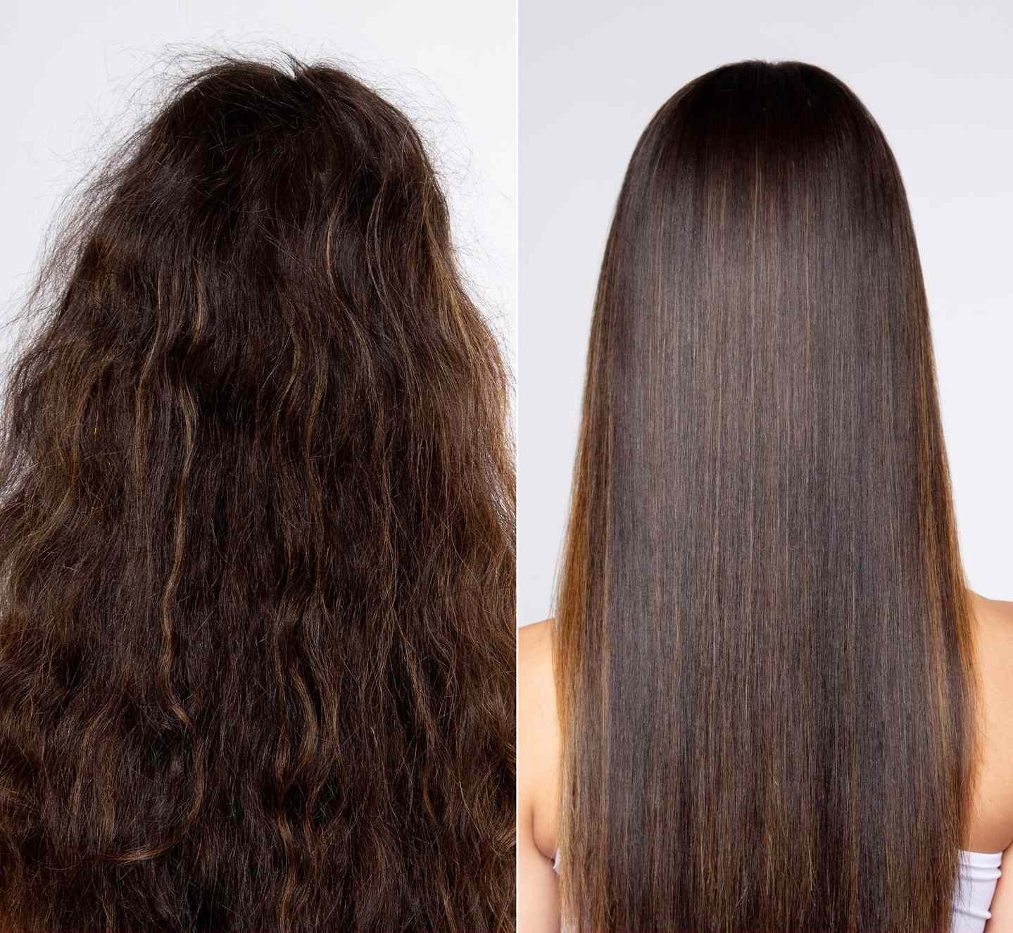 Naturally curly hair before and after a straightening keratin treatment