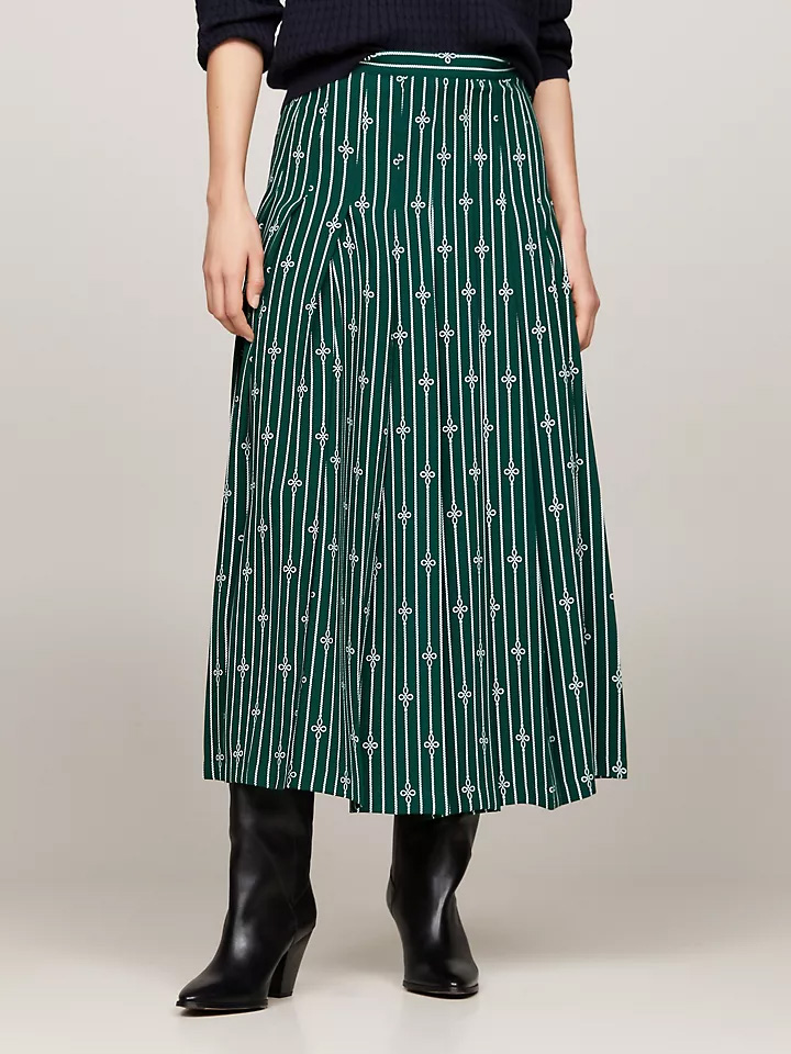 Rope Stripe Print Pleated Midi Skirt