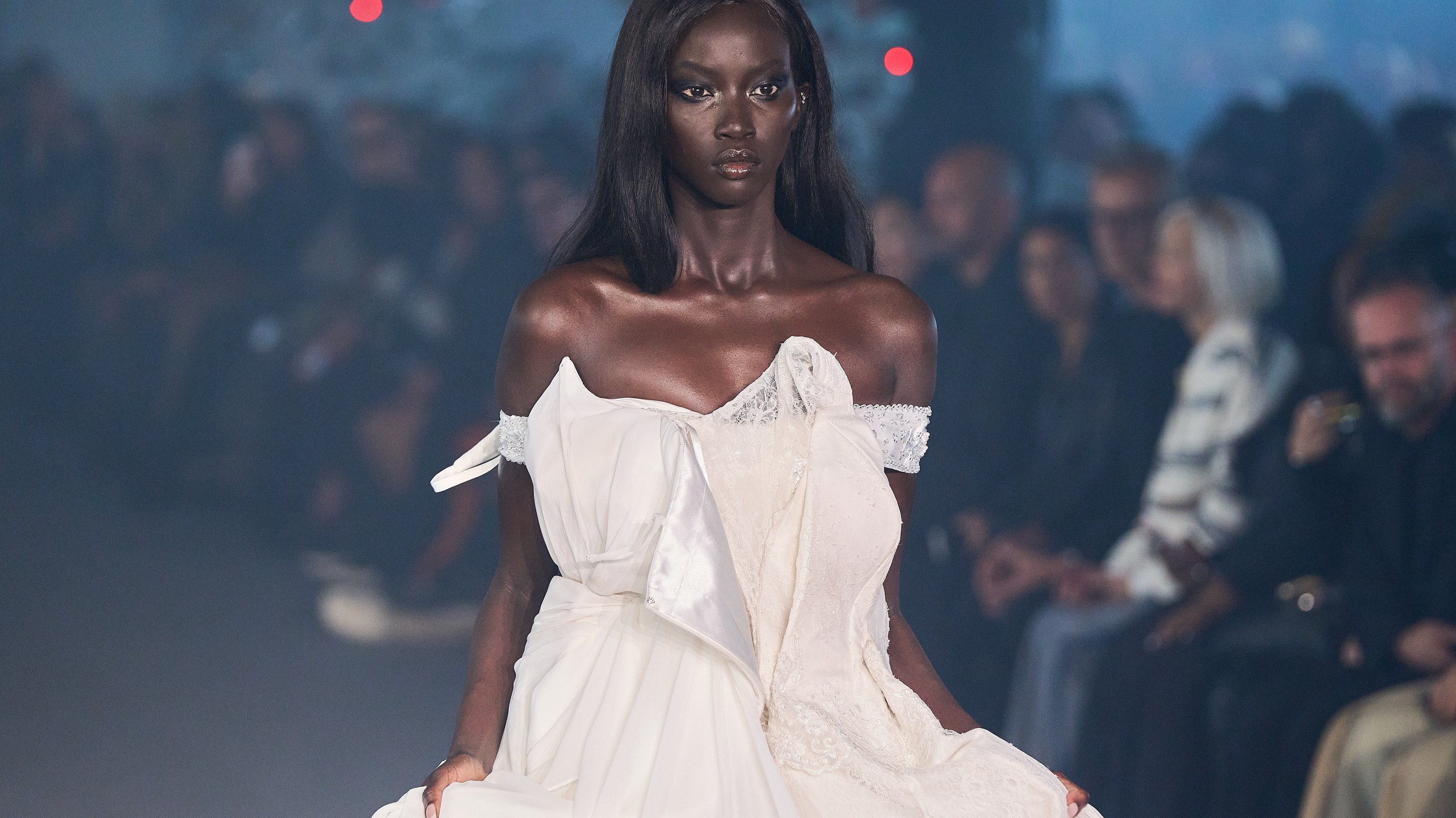 For Non-Editorial use please seek approval from Fashion House) Anok Yai  walks the runway during the Vetements Paris Womenswear Spring-Summer 2025 show as part of Paris Fashion Week on September 27, 2024 in Paris, France.