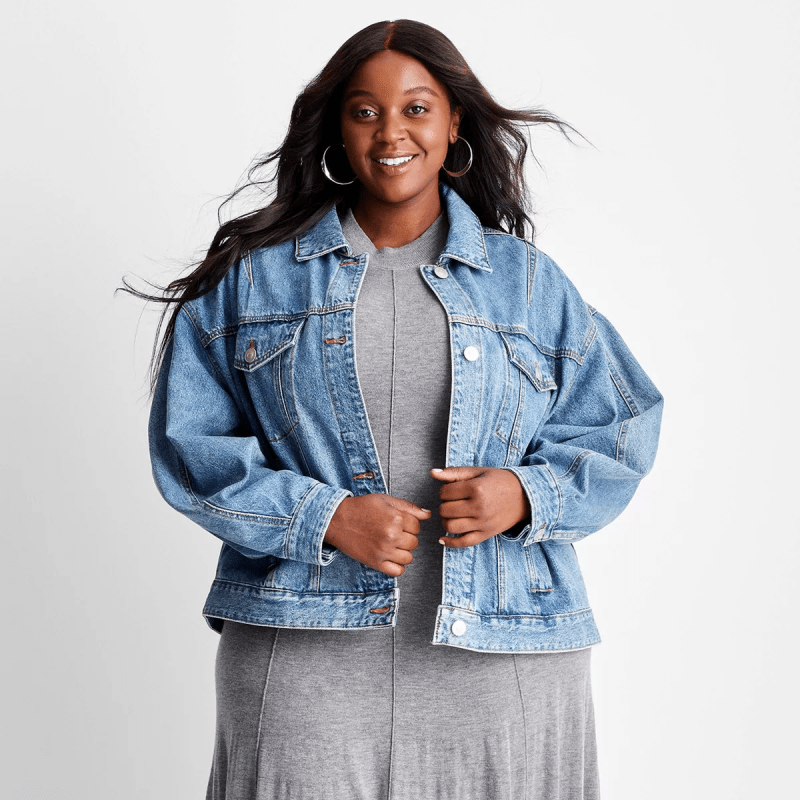 Target model wearing the Future Collective Oversized Barrel Sleeve Denim Jacket