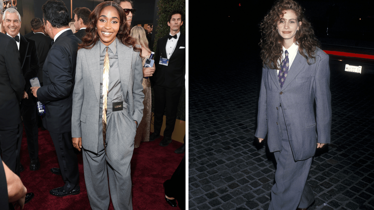 Ayo Edebiri Channels Julia Roberts in Oversized Loewe Suit at 2025 Golden Globes