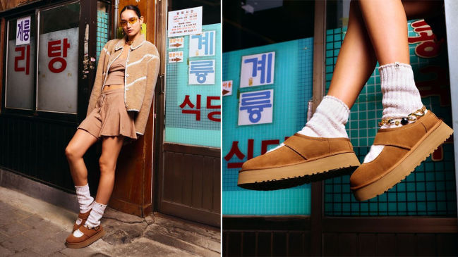 A model wearing the UGG Mary Jane in Chestnut