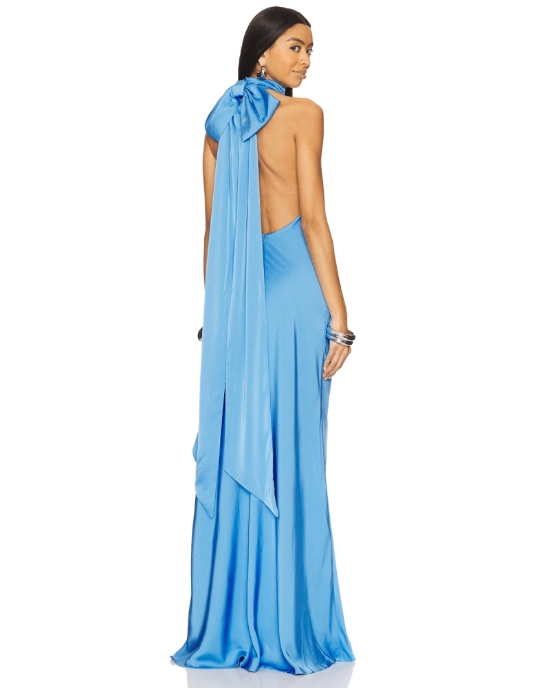 MISHA Evianna Satin Gown in Lapis Blue colorway