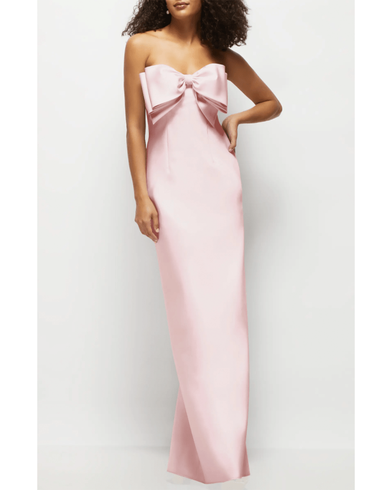 Alfred Sung Bow Detail Strapless Satin Twill Column Gown in Ballet Pink colorway