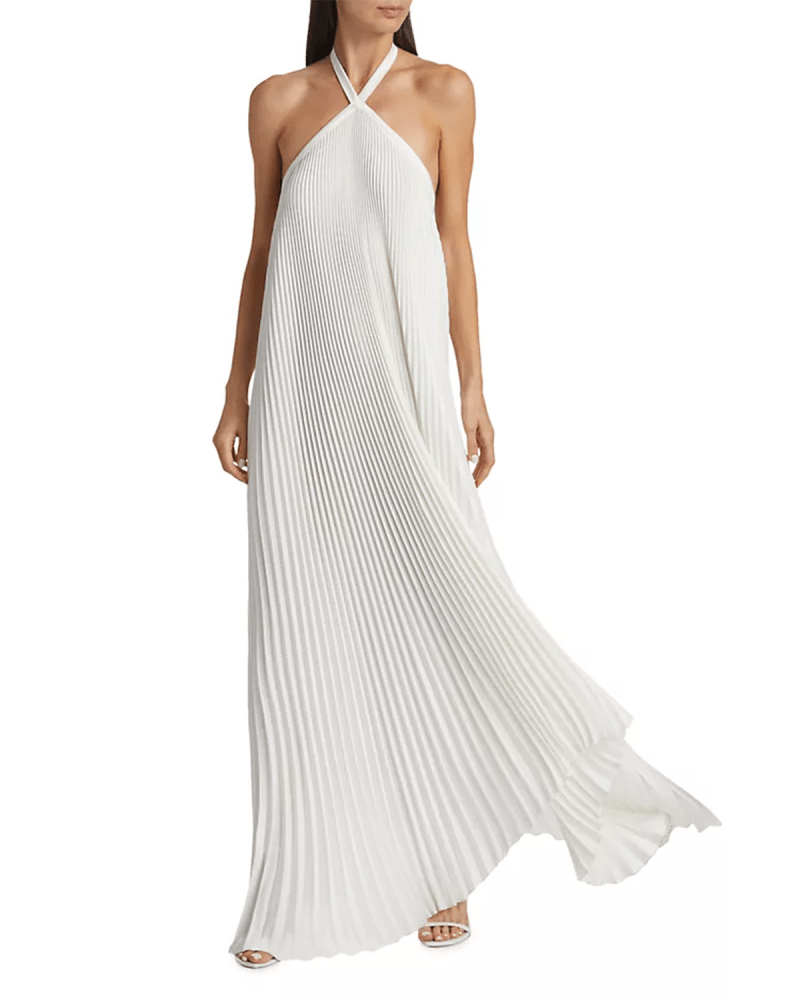 L'Idée Asymmetric Pleated Halter Gown in white colorway