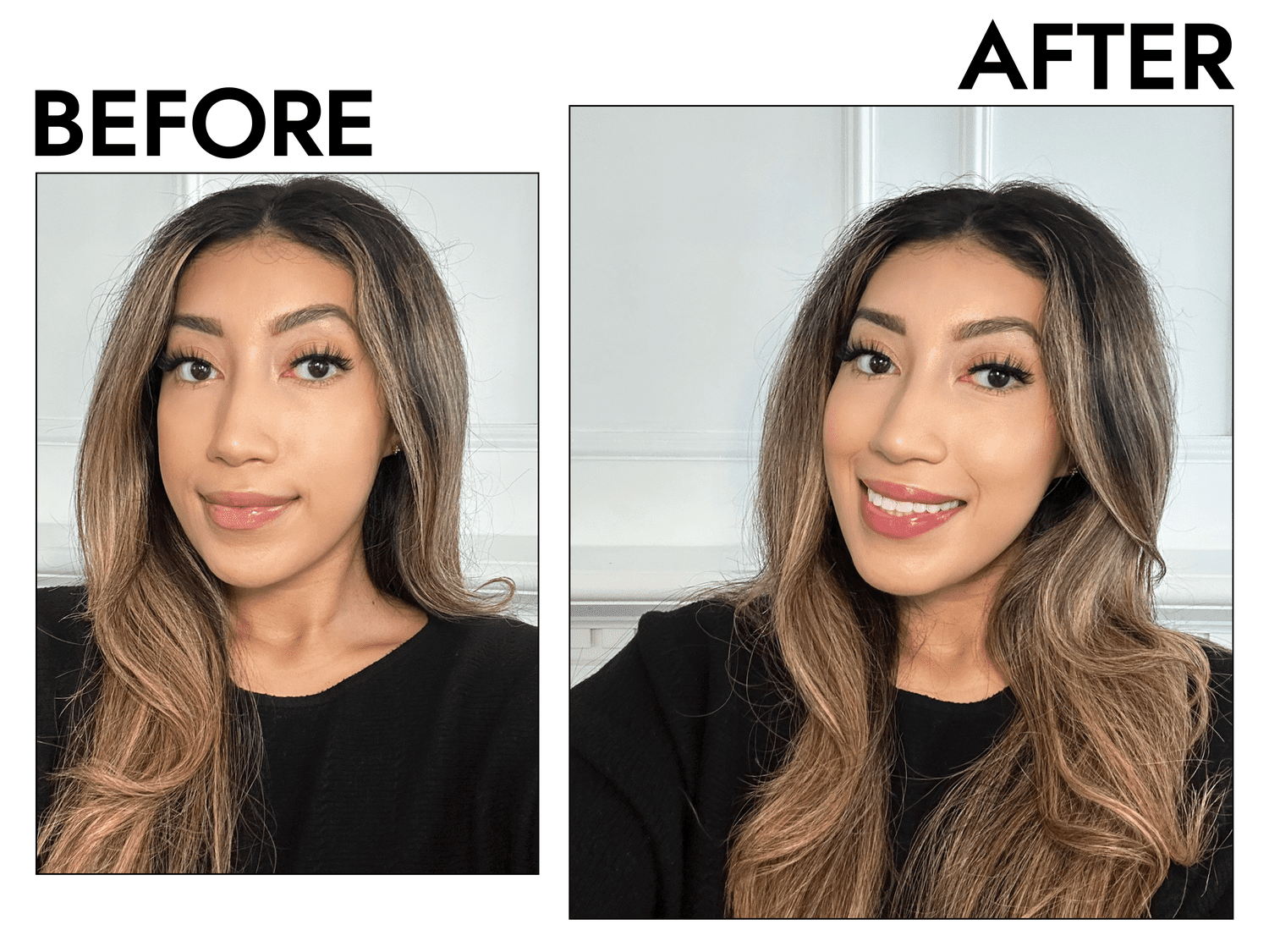 Byrdie writer Karla Ayala's makeup before and after applying the Benefit Benetint lip and cheek tint