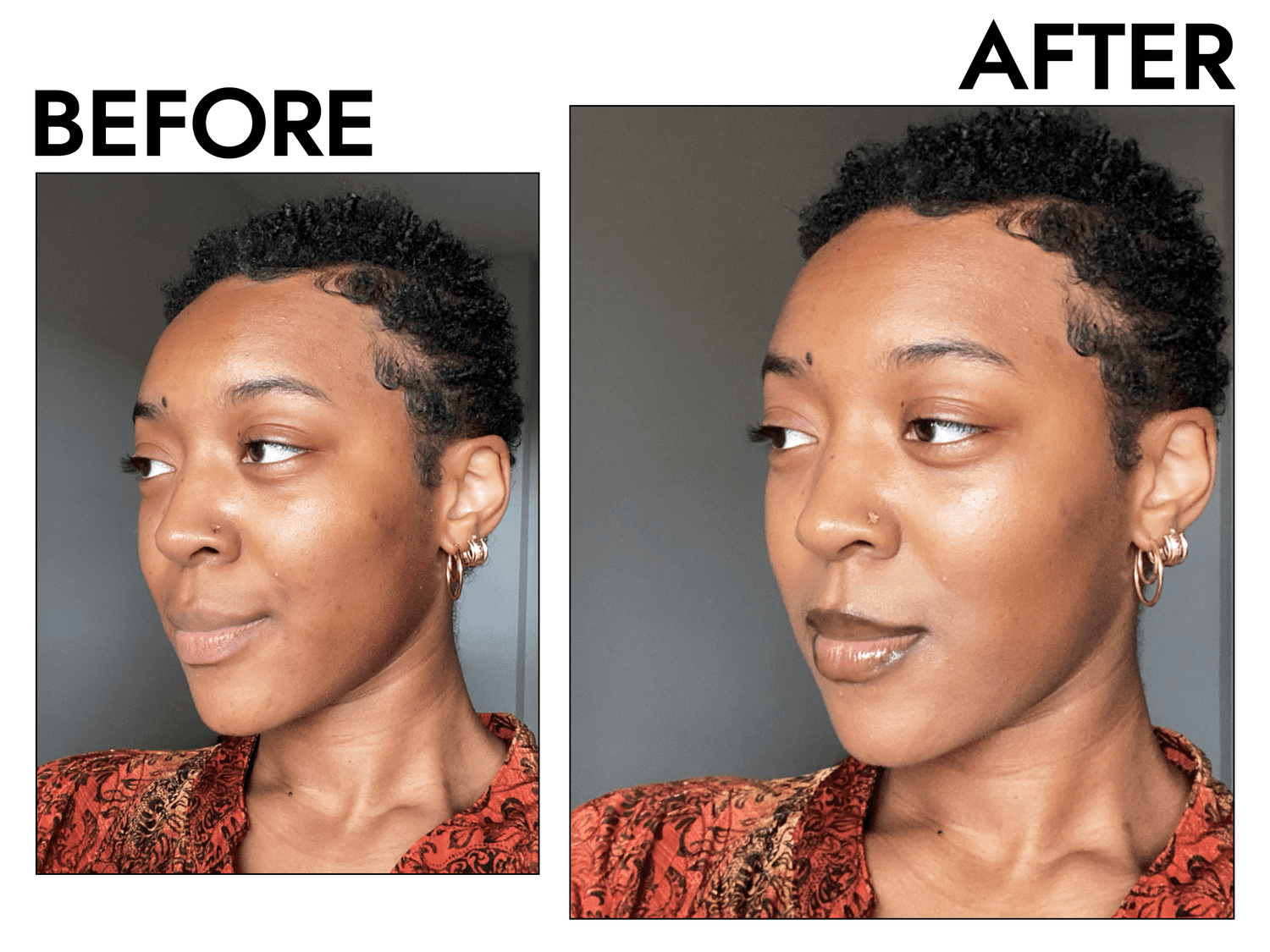 Byrdie writer Janiah McKelton's skin before and after applying the Covergirl Simply Ageless Skin Perfector Essence