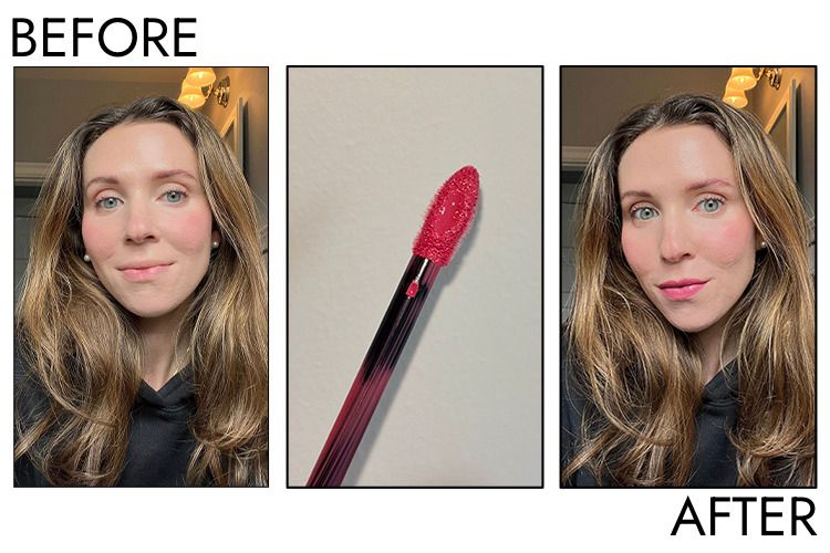 A person's lips before and after applying Maybelline SuperStay Matte Ink Liquid Lipstick