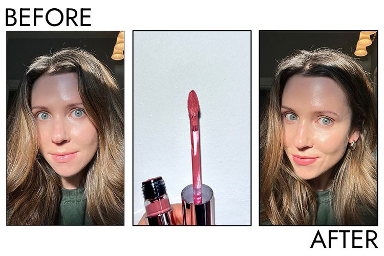 A person's lips before and after applying Fenty Beauty Icon Velvet Liquid Lipstick