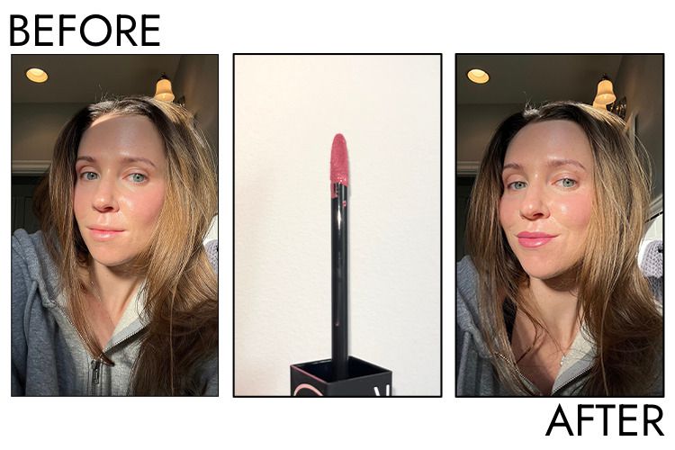 A person's lips before and after applying NARS Powermatte Lip Pigment