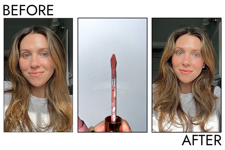 A person's lips before and after applying Charlotte Tilbury Airbrush Flawless Matte Lip Blur Liquid Lipstick