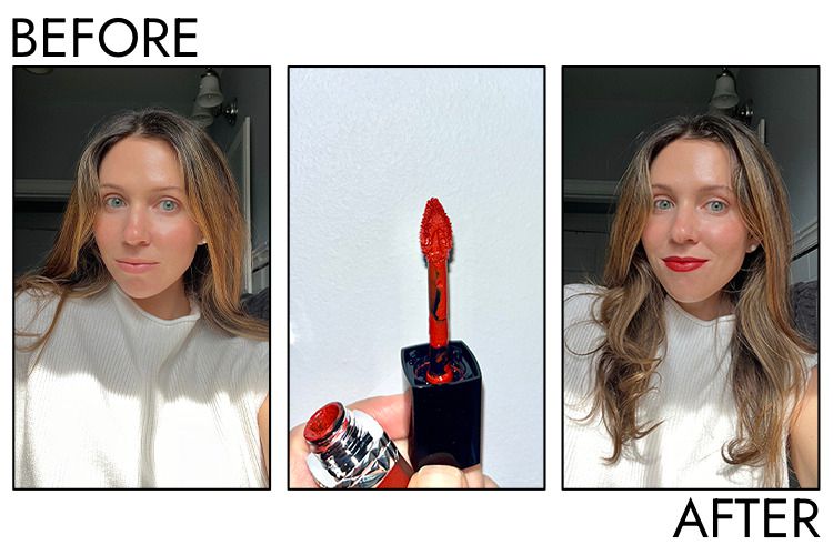 A person's lips before and after applying Dior Rouge Dior Forever Liquid Transfer-Proof Lipstick