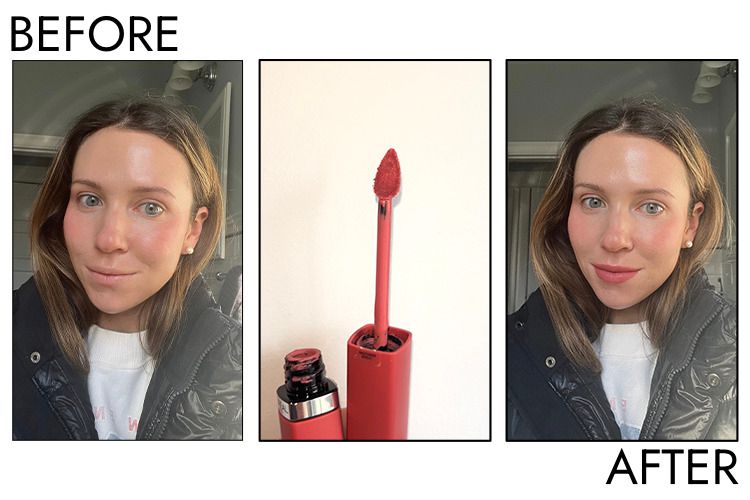A person's lips before and after applying L'OrÃ©al Paris Infallible Matte Resistance Liquid Lipstick