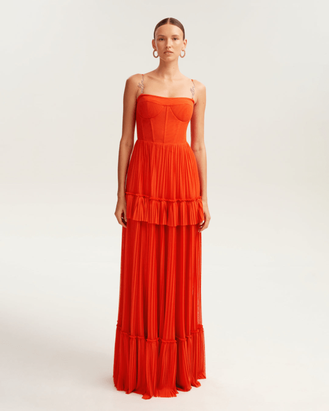 Milla Coral Spaghetti Strap Pleated Maxi Dress