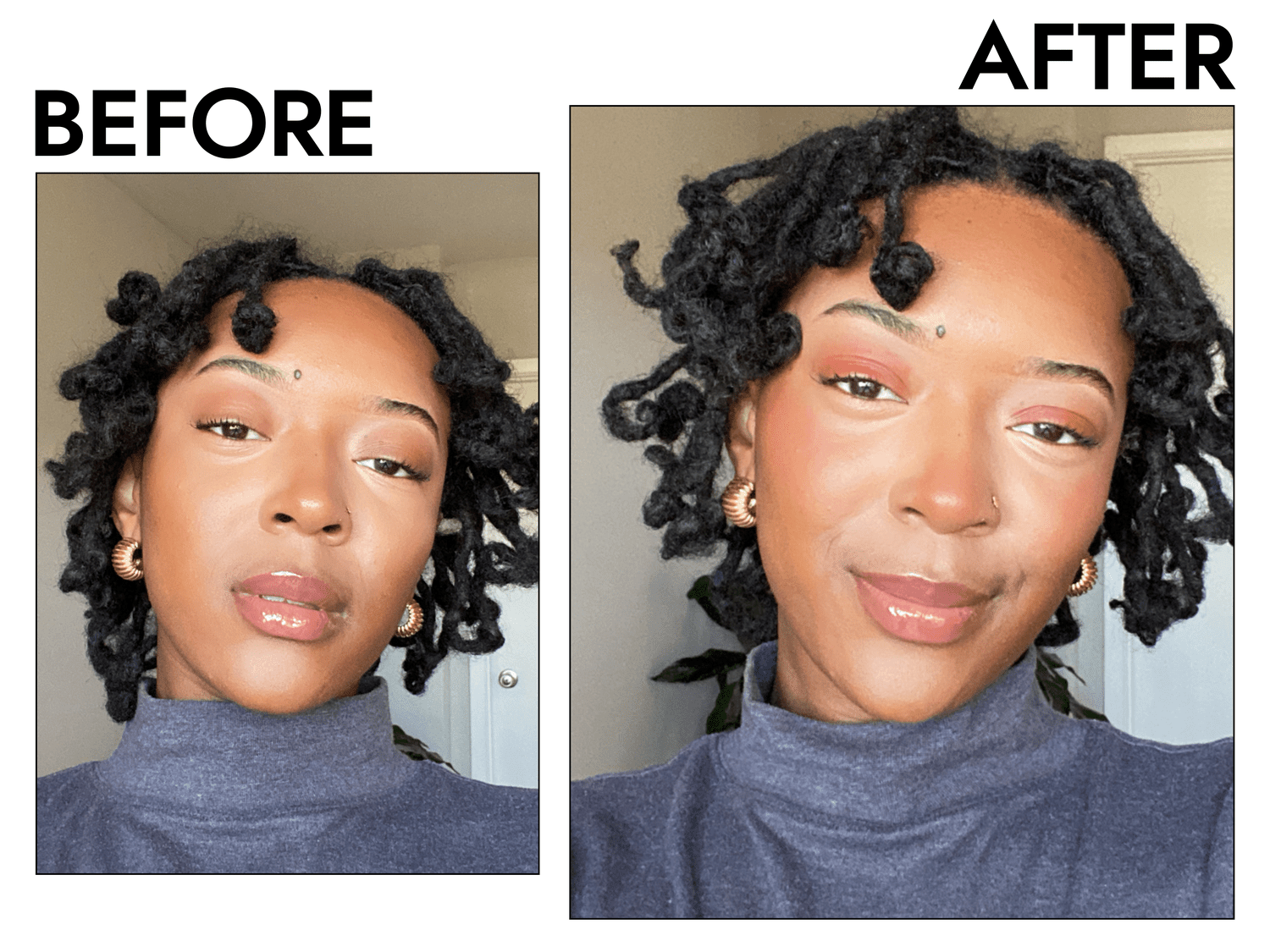 Byrdie writer Janiah McKelton's makeup before and after applying the Thread Beauty blend it multistick in red