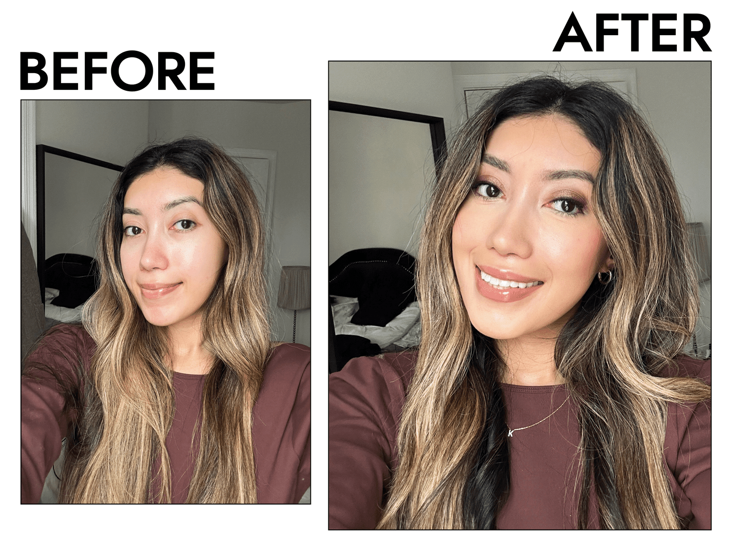 Byrdie writer Karla Ayala's makeup look before and after applying the L'Oreal Paris Infallible Fresh Wear Foundation